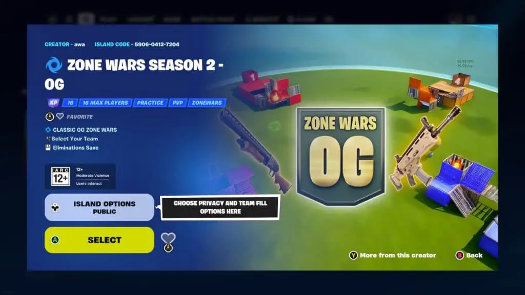 Una captura de pantalla que muestra el mapa Zone Wars - Temporada 2 OG en Fortnite.