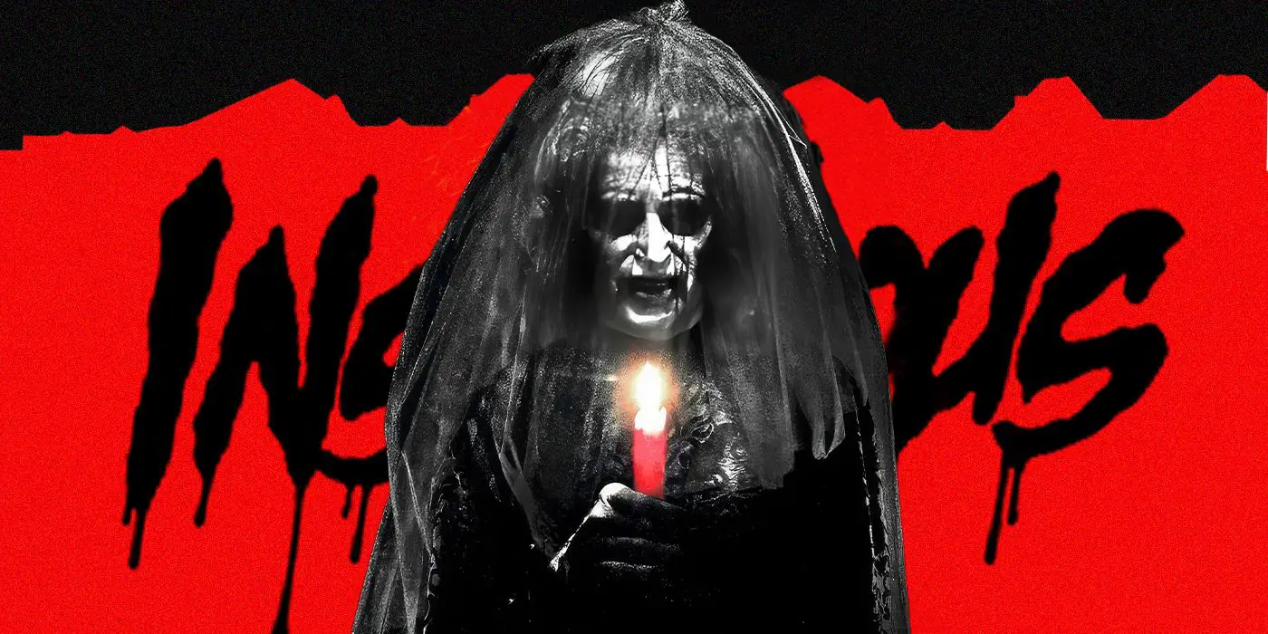 Una imagen personalizada de Bride in Black de Insidious sosteniendo una vela roja frente a un fondo con el texto 