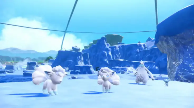 Alolan Vulpix, Beartic y Cubchoo en el Bioma Polar en el DLC Pokémon Scarlet y Violet.