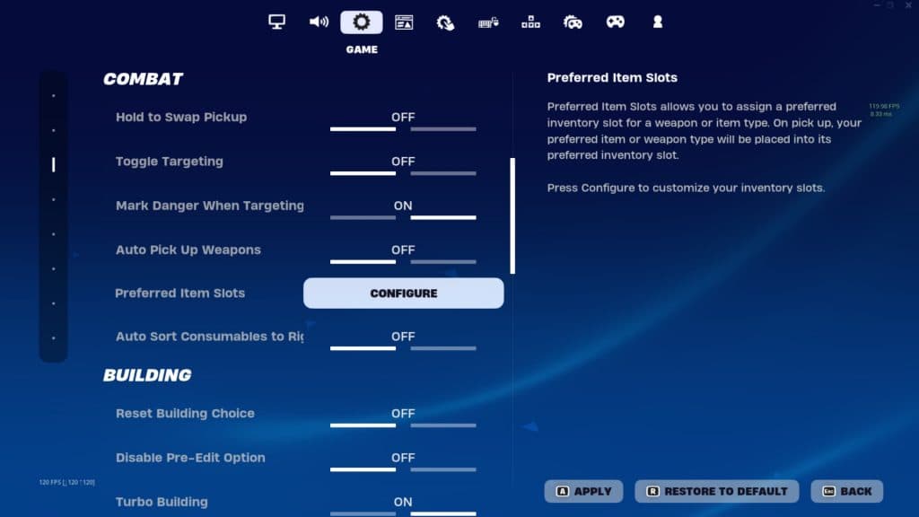 Captura de pantalla que muestra la configuración de espacios para elementos preferidos en Fortnite.