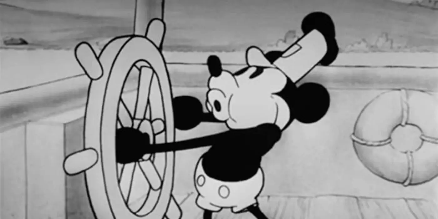 Mickey Mouse silbando mientras pilotea un barco de vapor Steamboat Willie