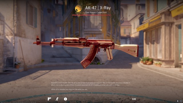 El X-Ray AK-47, con las balas dentro del cargador disponibles, el mecanismo dentro del cañón visible y los tornillos en la culata. 