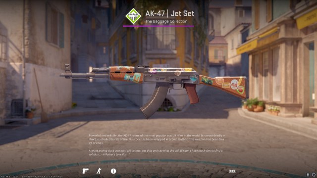 El Jet Set AK-47, un arma normal cubierta de pegatinas que representan diferentes ubicaciones. 