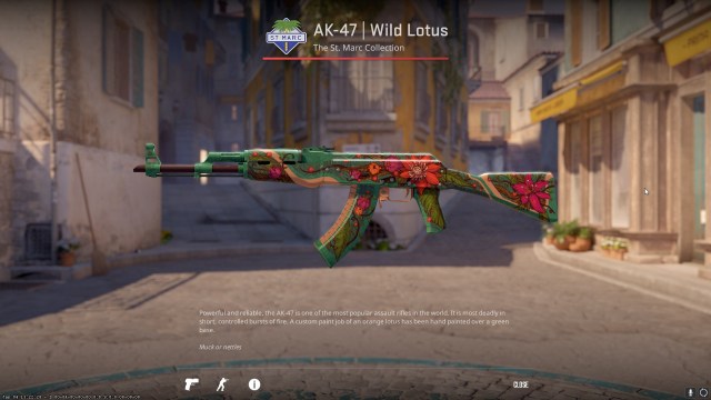 La piel Wild Lotus AK-47, un camuflaje verde cubierto de flores rosas y naranjas y hojas y enredaderas verdes. 