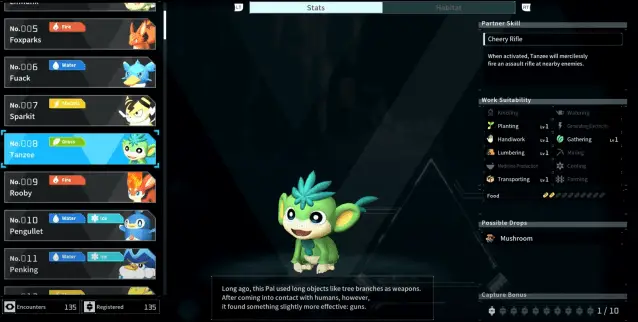 Una captura de pantalla de Paldeck de Palworld que muestra a Tenzee, una pequeña criatura parecida a un mono con pelaje verde y detalles en azul. 