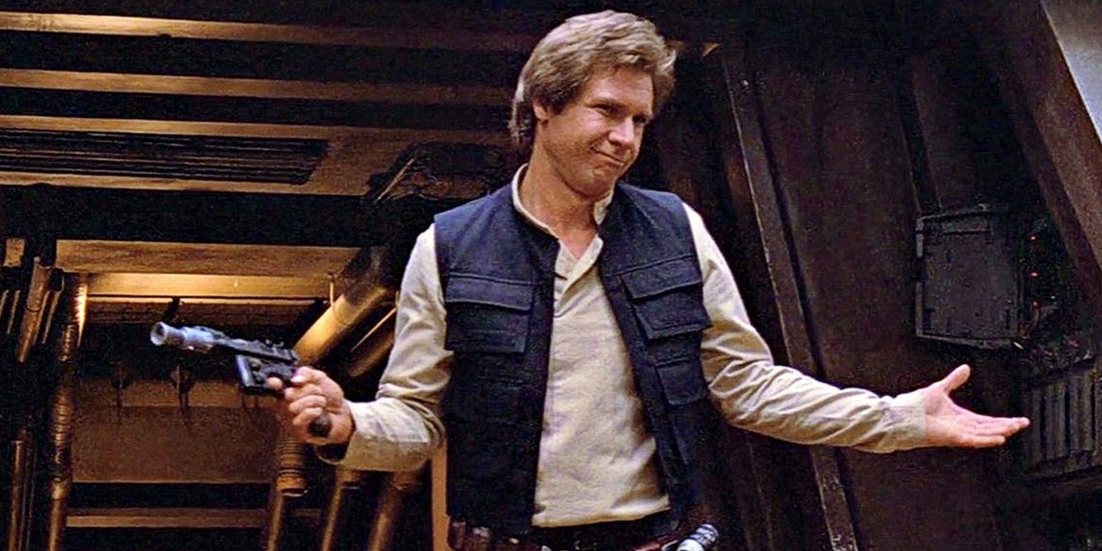 Han Solo encogiéndose de hombros y sonriendo en El retorno del Jedi