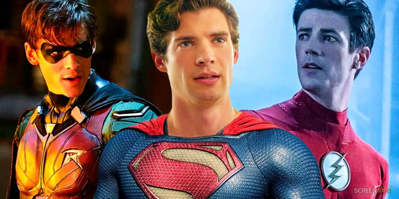 Brenton Thwaites como Robin, David Corenswet con el traje de Superman de Henry Cavill en Man of Steel y Grant Gustin como The Flash]