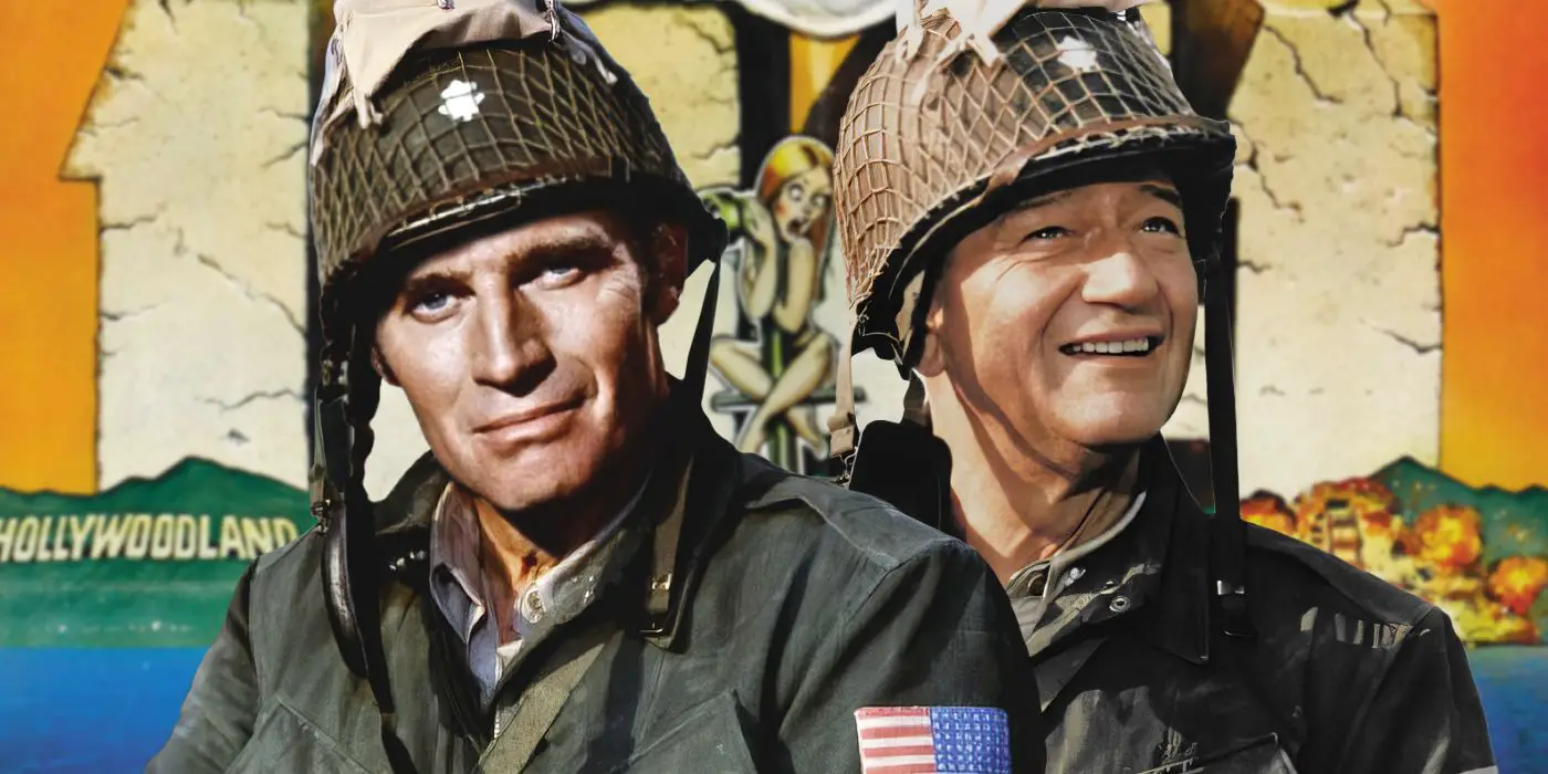 John Wayne y Charleton Heston con uniformes militares
