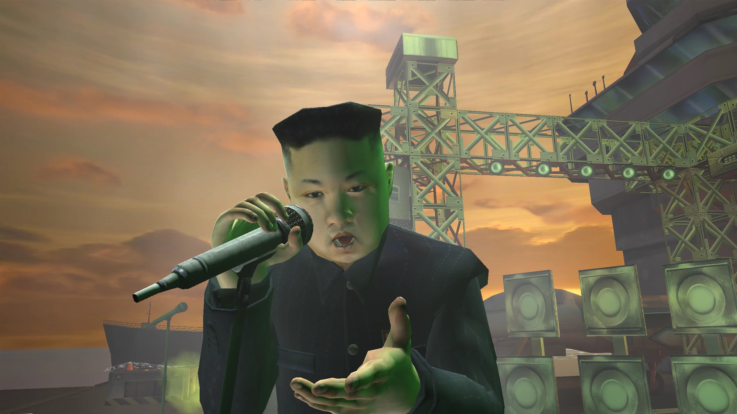 Kim Jong-un canta con un micrófono en una versión modificada de Guitar Hero World Tour.
