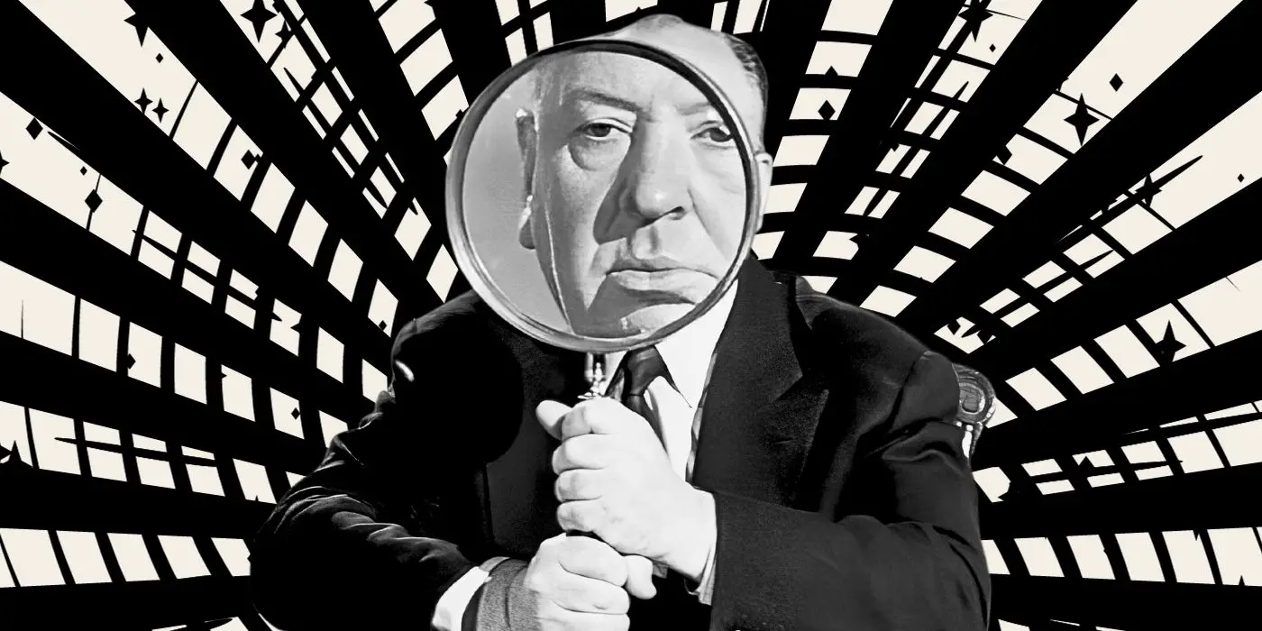 Alfred Hitchcock sosteniendo una lupa que magnifica su rostro