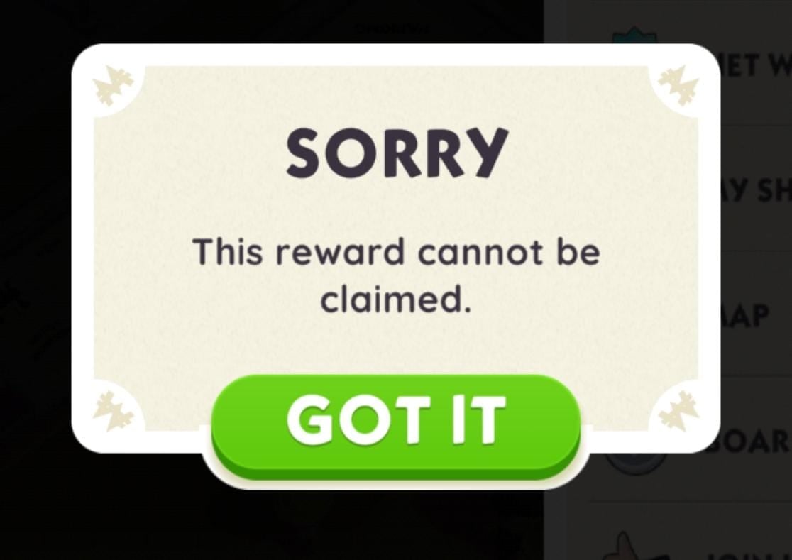 Lo sentimos, esta recompensa no se puede reclamar Monopoly Go