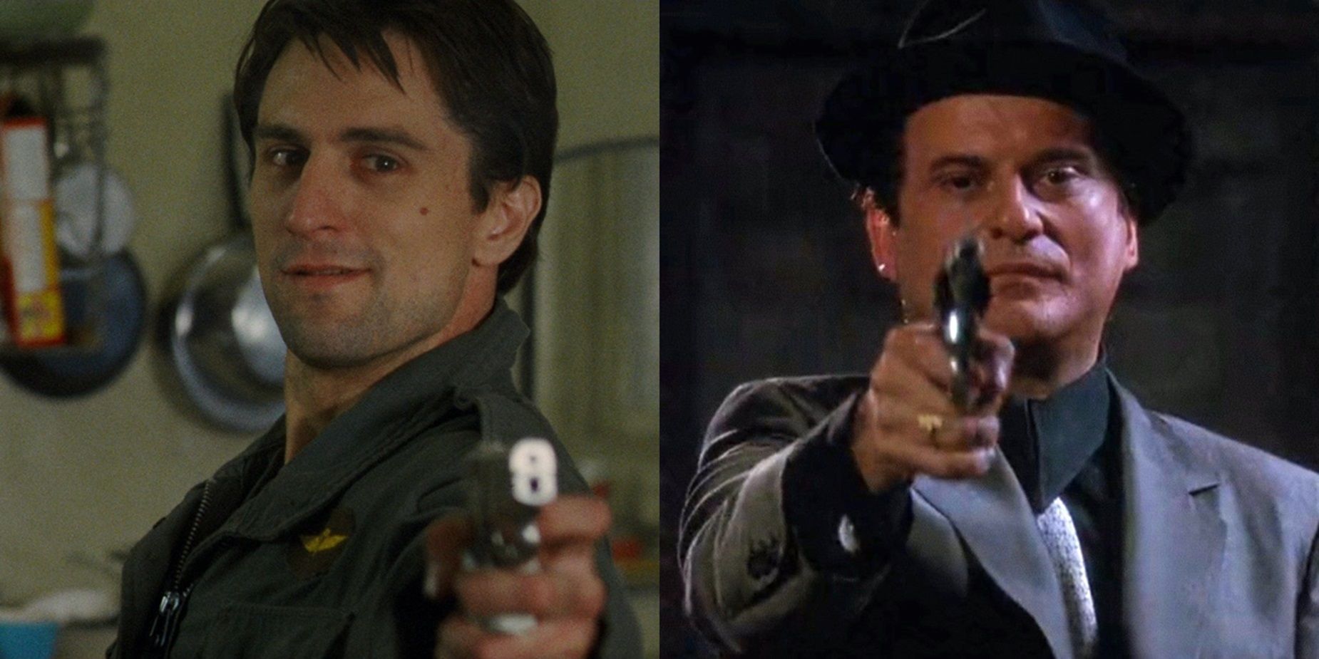 Imagen dividida de Robert De Niro con una pistola en Taxi Driver y Joe Pesci con una pistola en Goodfellas