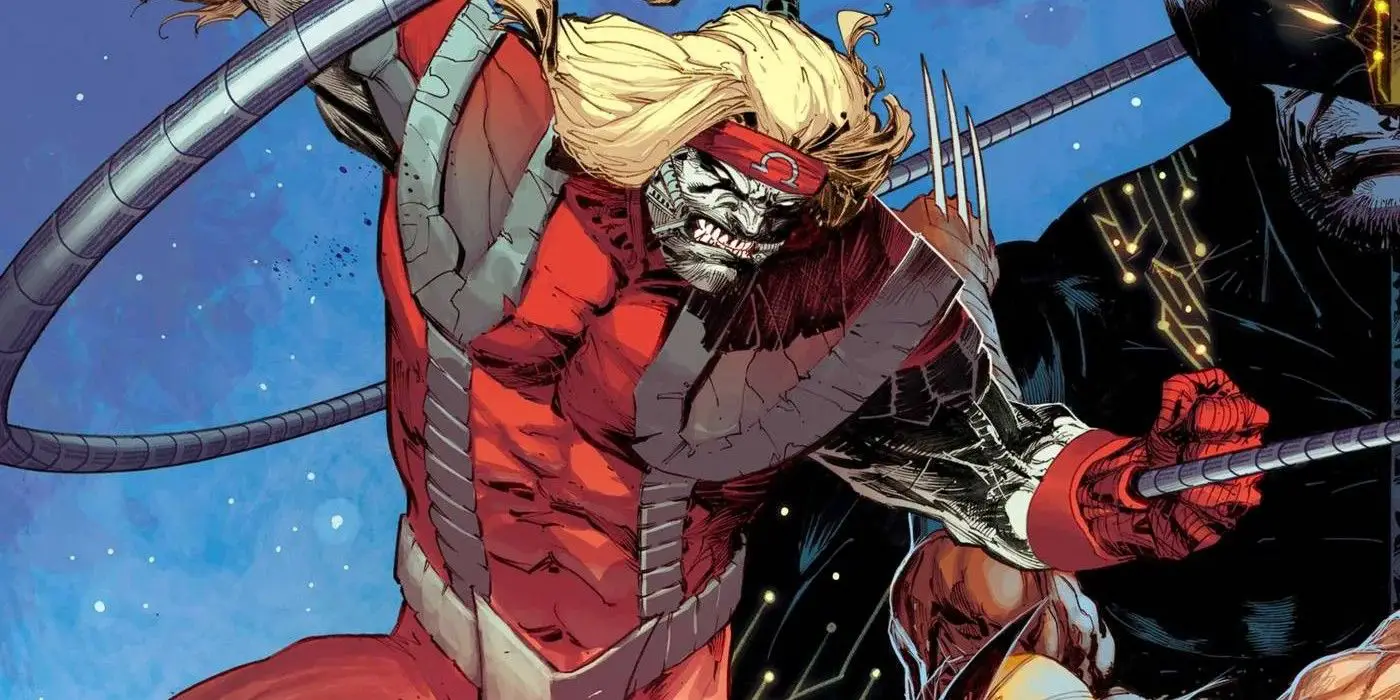 Omega Red lucha contra Wolverine en la portada de X Lives of Wolverine #5, obra de arte de Andy Kubert.