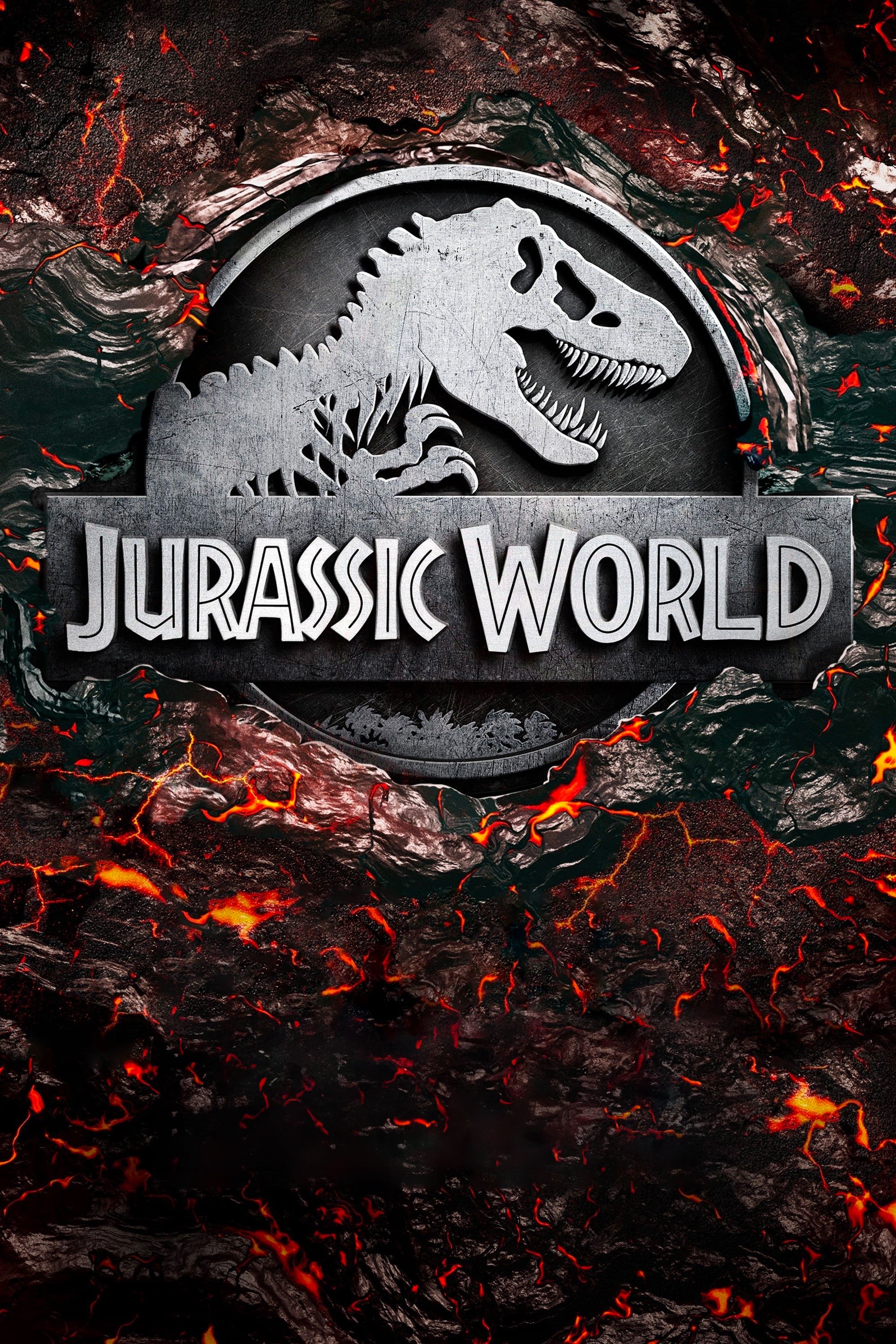 Póster de la película Jurassic World que muestra el logotipo del dinosaurio enterrado en lava