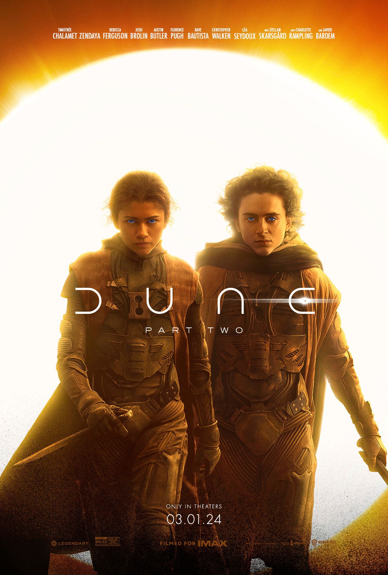 Póster de Dune Parte 2 que muestra a Timothee Chalamet como Paul Atreides y Zendaya como Chani sosteniendo dagas