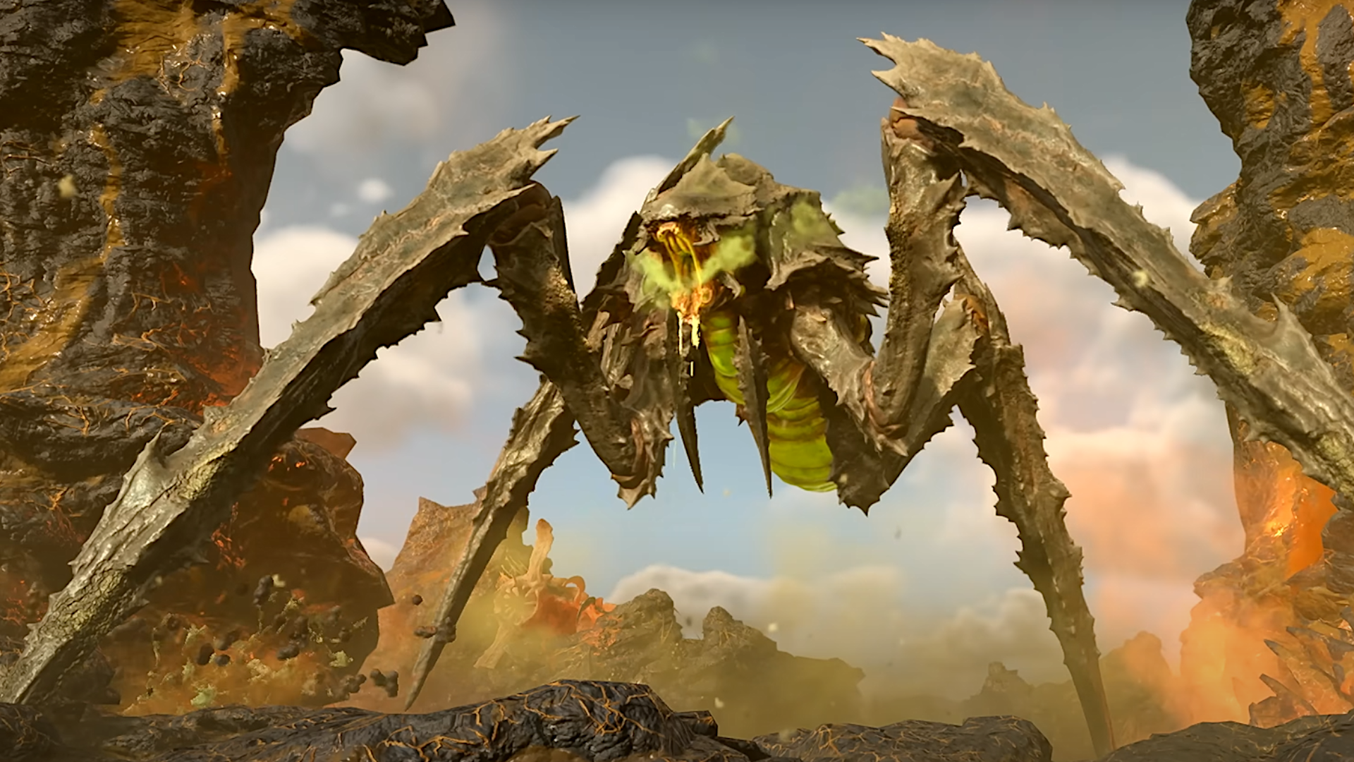 Un titán biliar gigante, un insecto imponente de Helldivers 2, deja escapar un grito feroz mientras pisotea el paisaje.