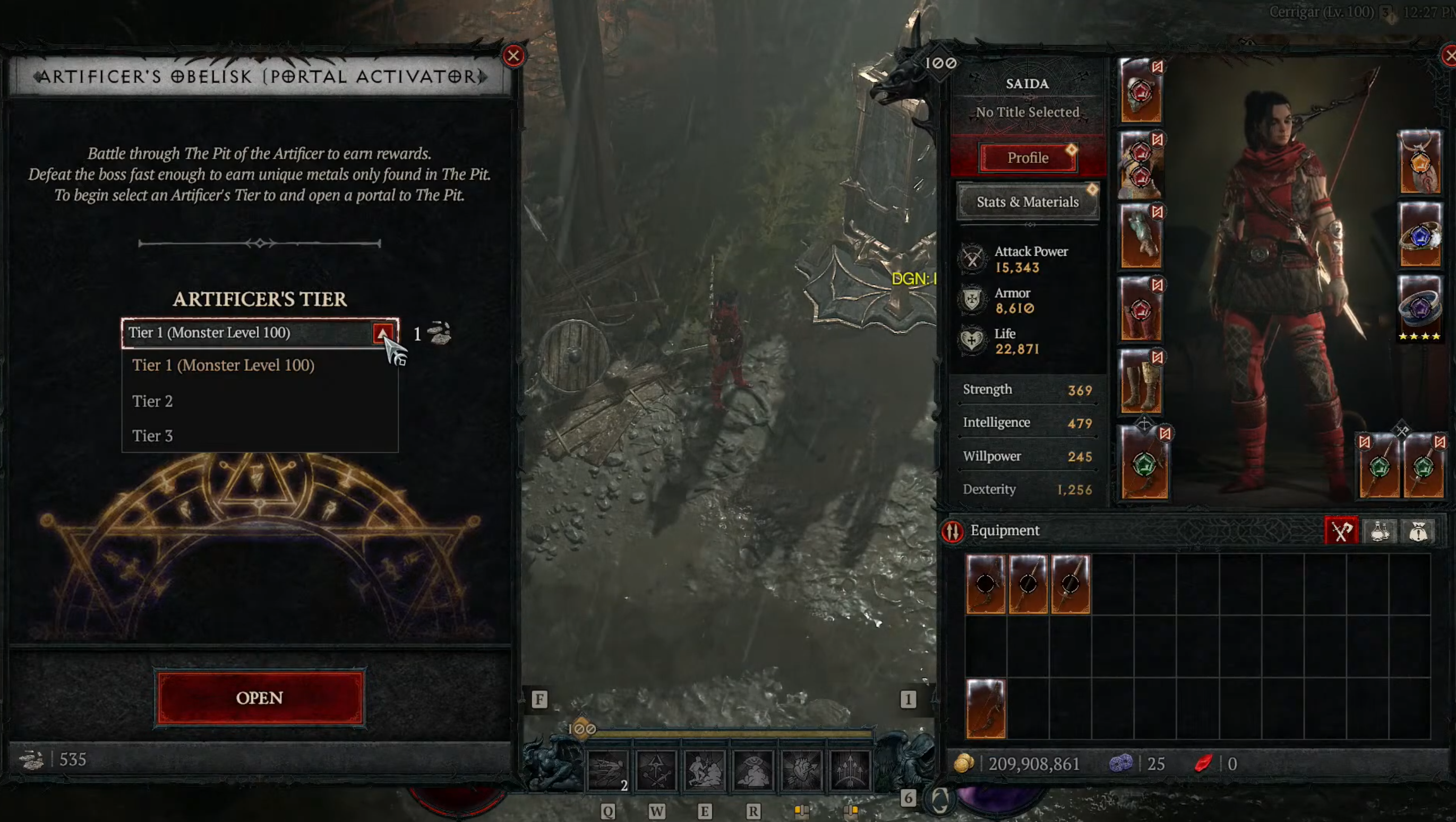 Captura de pantalla en desarrollo de Diablo 4 de un pícaro que usa un Obelista de artífice para abrir una mazmorra de nivel 1.