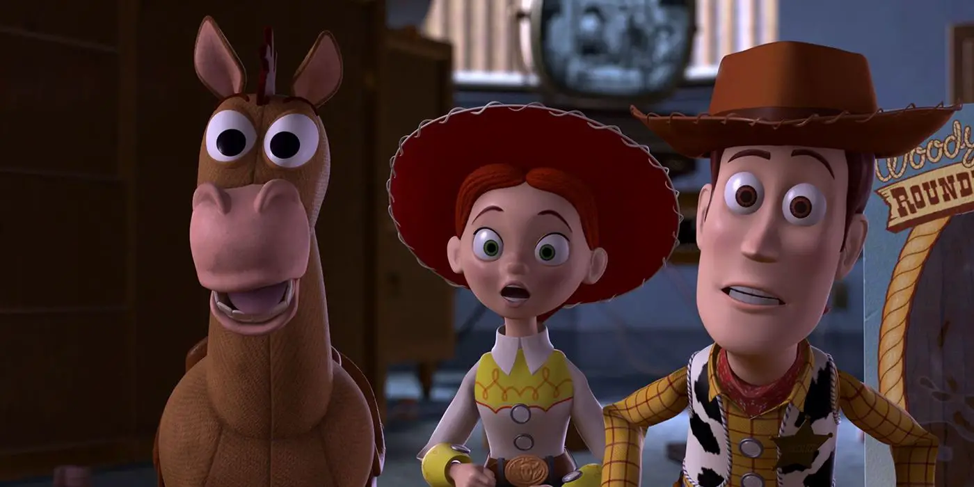 Bullseye, Jesse y Woody lucen sorprendidos en Toy Story 2. 