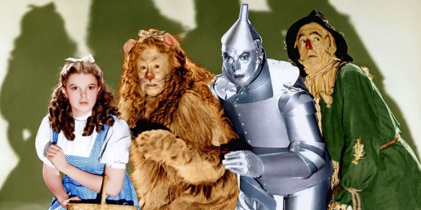 Judy Garland, Bert Lahr, Jack Haley y Ray Bolger en El mago de Oz