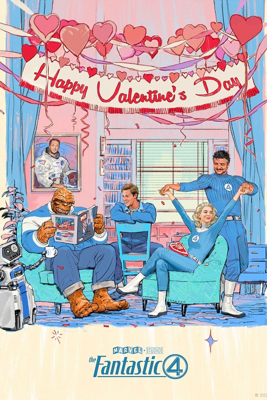 Póster del Día de San Valentín de Los Cuatro Fantásticos 2025 con Pedro Pascal, Vanessa Kirby, Ebon Moss-Bachrach y Joseph Quinn