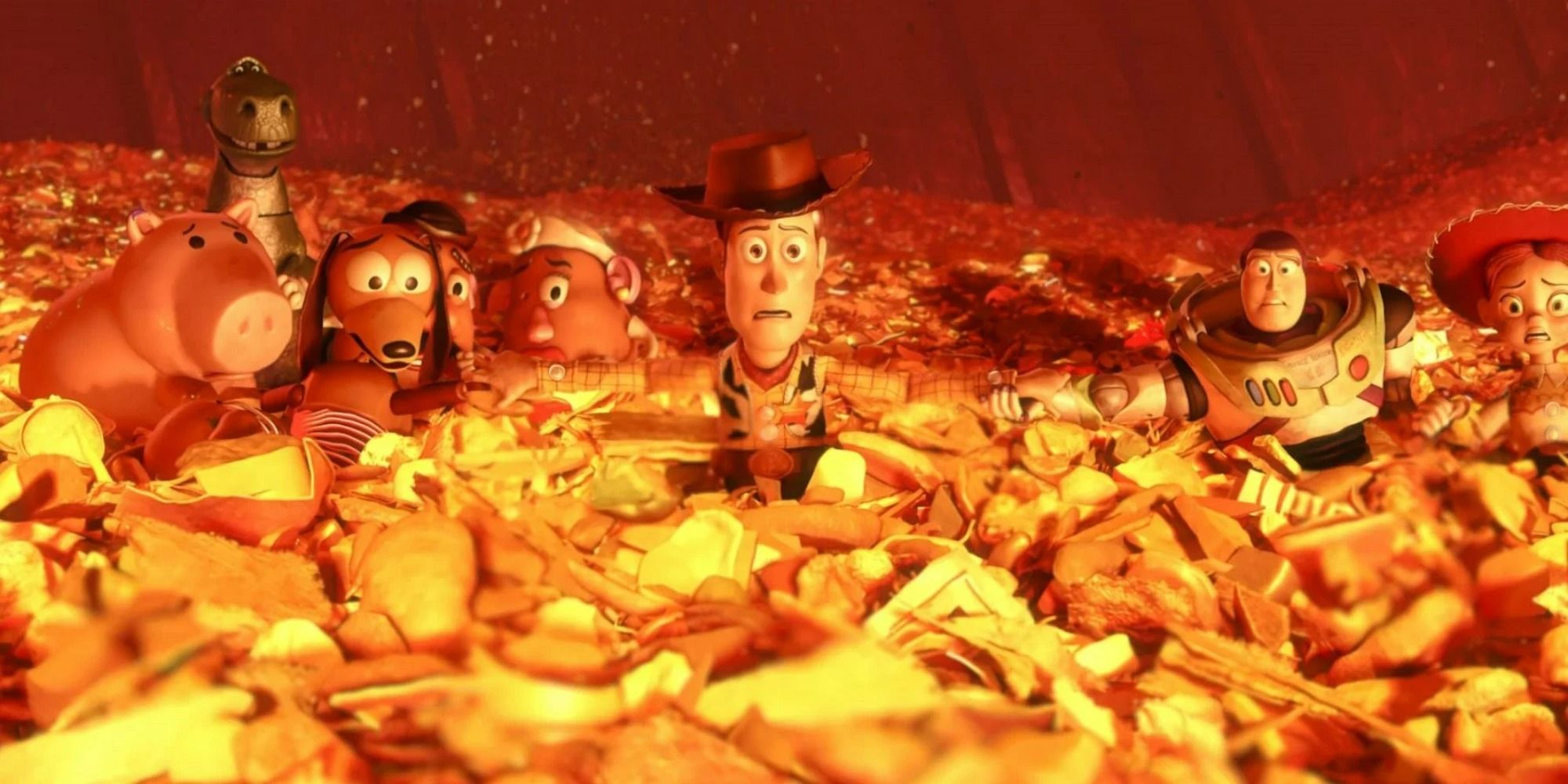 Escena de Toy Story 3 con Woody con la voz de Tom Hanks y Buzz Lightyear con la voz de Tim Allen mientras están sentados en la basura a punto de ser incinerados.
