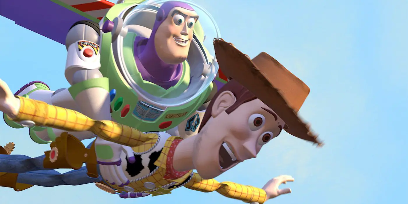 Buzz y Woody volando en Toy Story (1995)