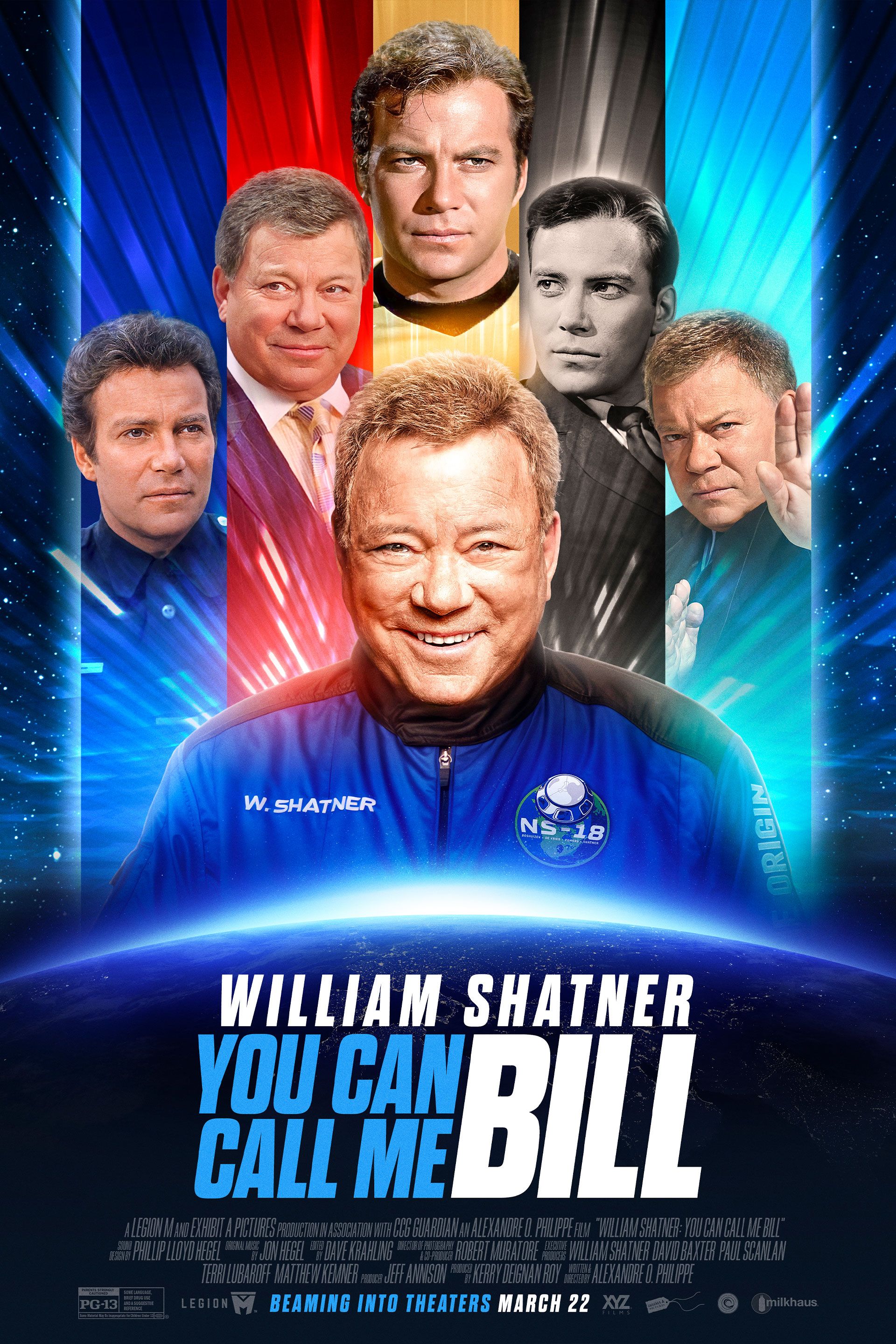 Póster de la película Puedes llamarme Bill que muestra a William Shatner con un traje espacial y como varios personajes, incluido el Capitán Kirk de Star Trek.
