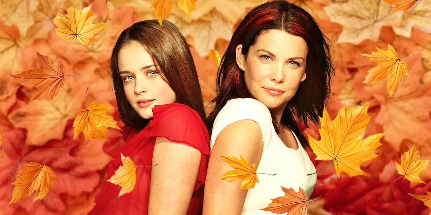 Lauren Graham como Lorelai Gilmore y Alexis Bledel como Rory Gilmore de Gilmore Girls con un fondo estilizado de hojas de otoño. 