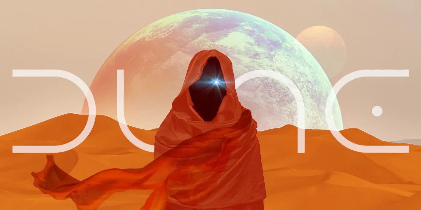 Imagen personalizada de una hermana Bene Gesserit contra un terreno desértico con una luna poniente y la palabra "Duna" en el fondo