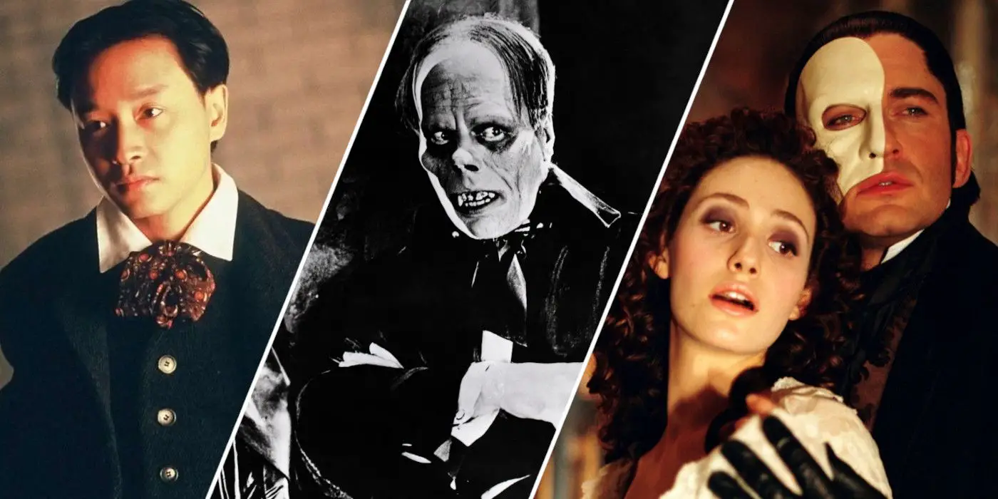 Imagen dividida que muestra personajes de El amante fantasma, El fantasma de la ópera 1925 y El fantasma de la ópera 2004
