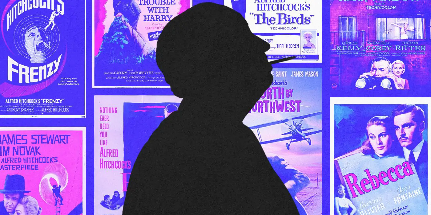 Una imagen personalizada que presenta la silueta de Alfred Hitchcock frente a los carteles de sus películas.