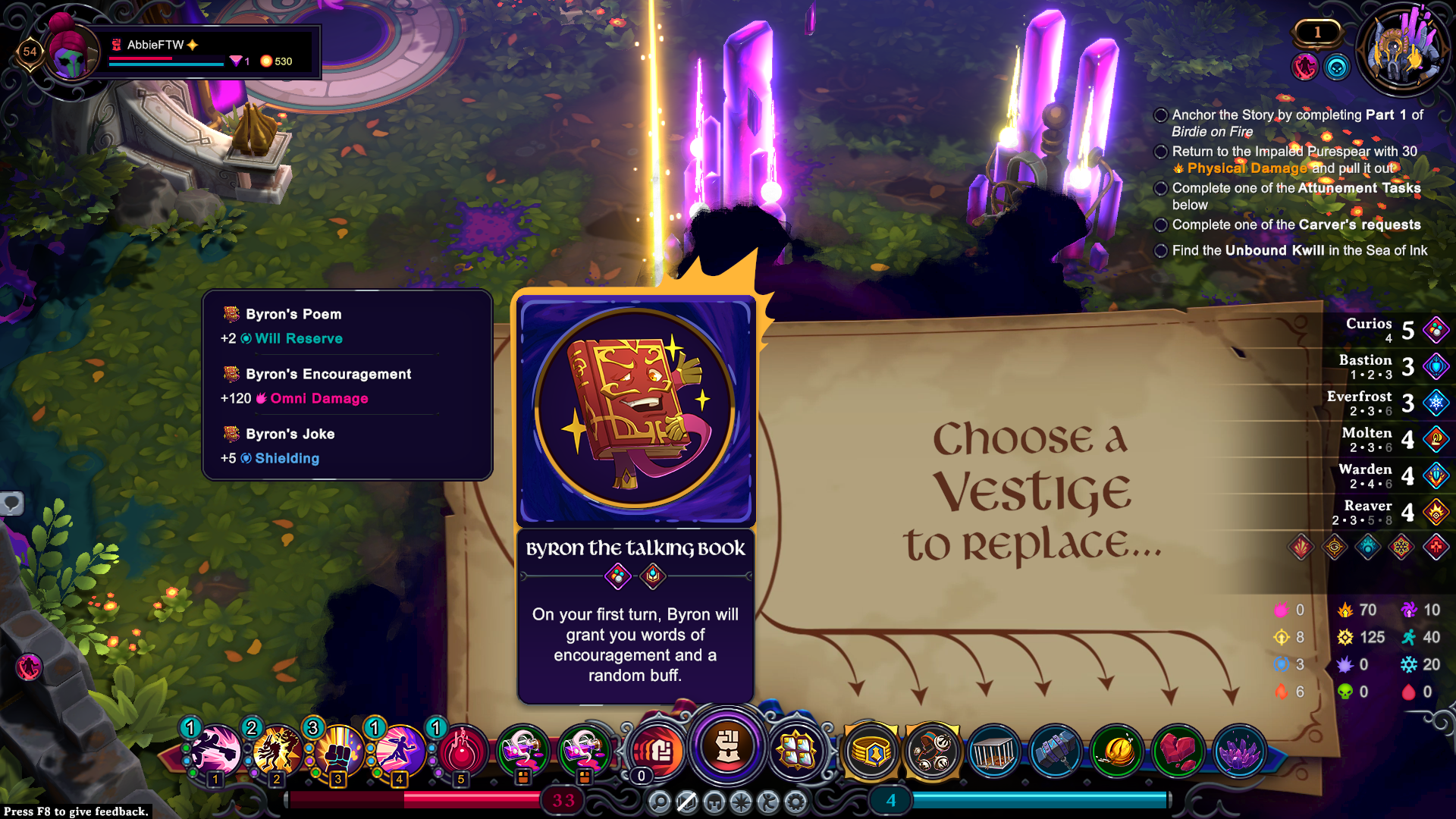 Una pantalla que le pide al jugador que elija qué vestigio reemplazar por uno nuevo en Inkbound.