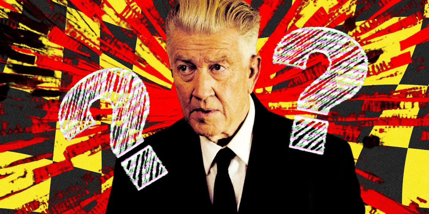 Una imagen personalizada de David Lynch con signos de interrogación alrededor de su cabeza.