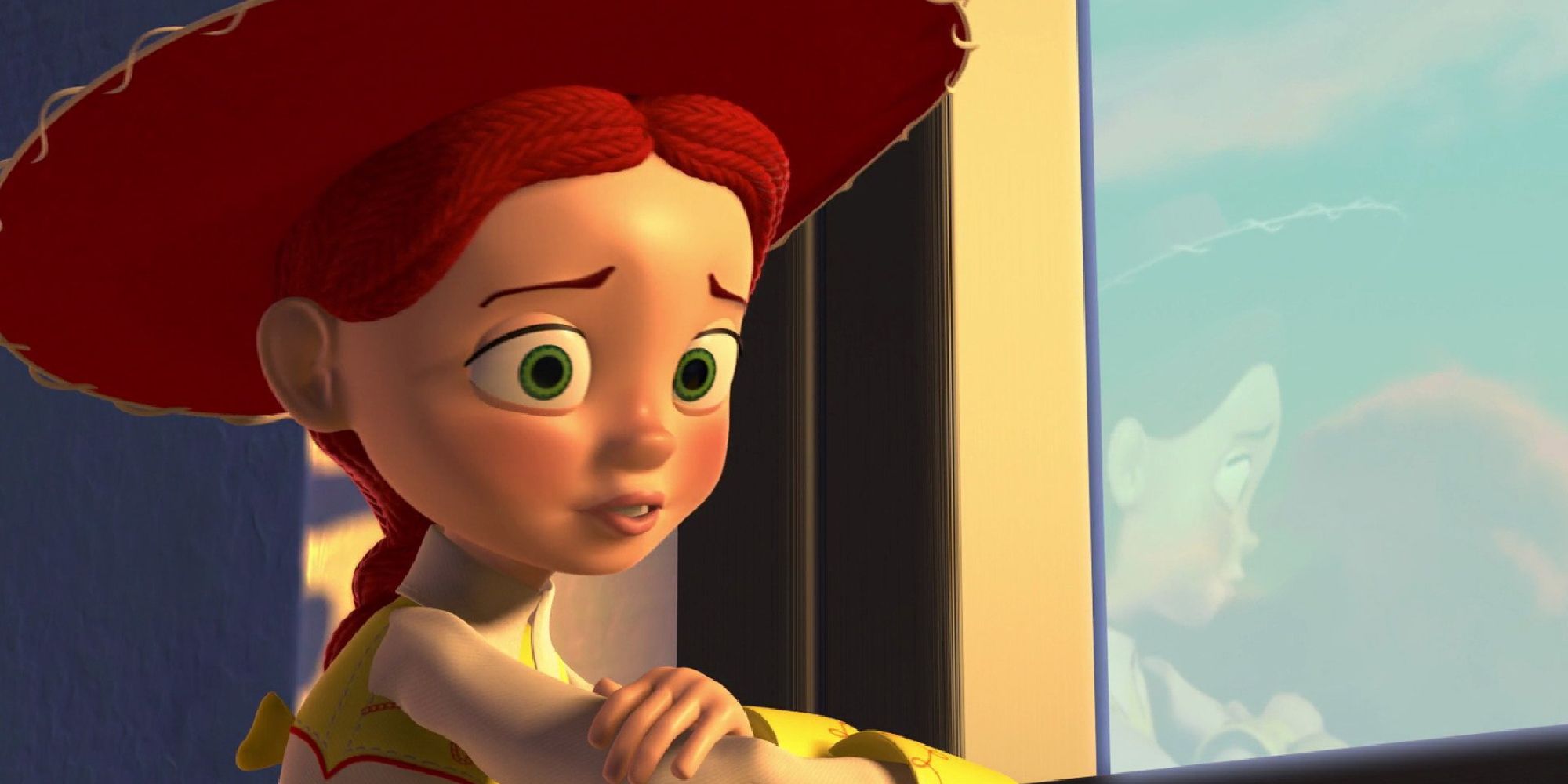 Jessie la vaquera (con la voz de Joan Cusack), sentada tristemente junto a una ventana en Toy Story 2