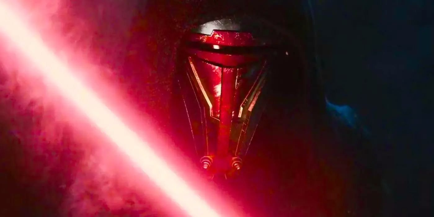Imagen de Star Wars con Old Republic Darth Revan sosteniendo su sable láser rojo frente a él.