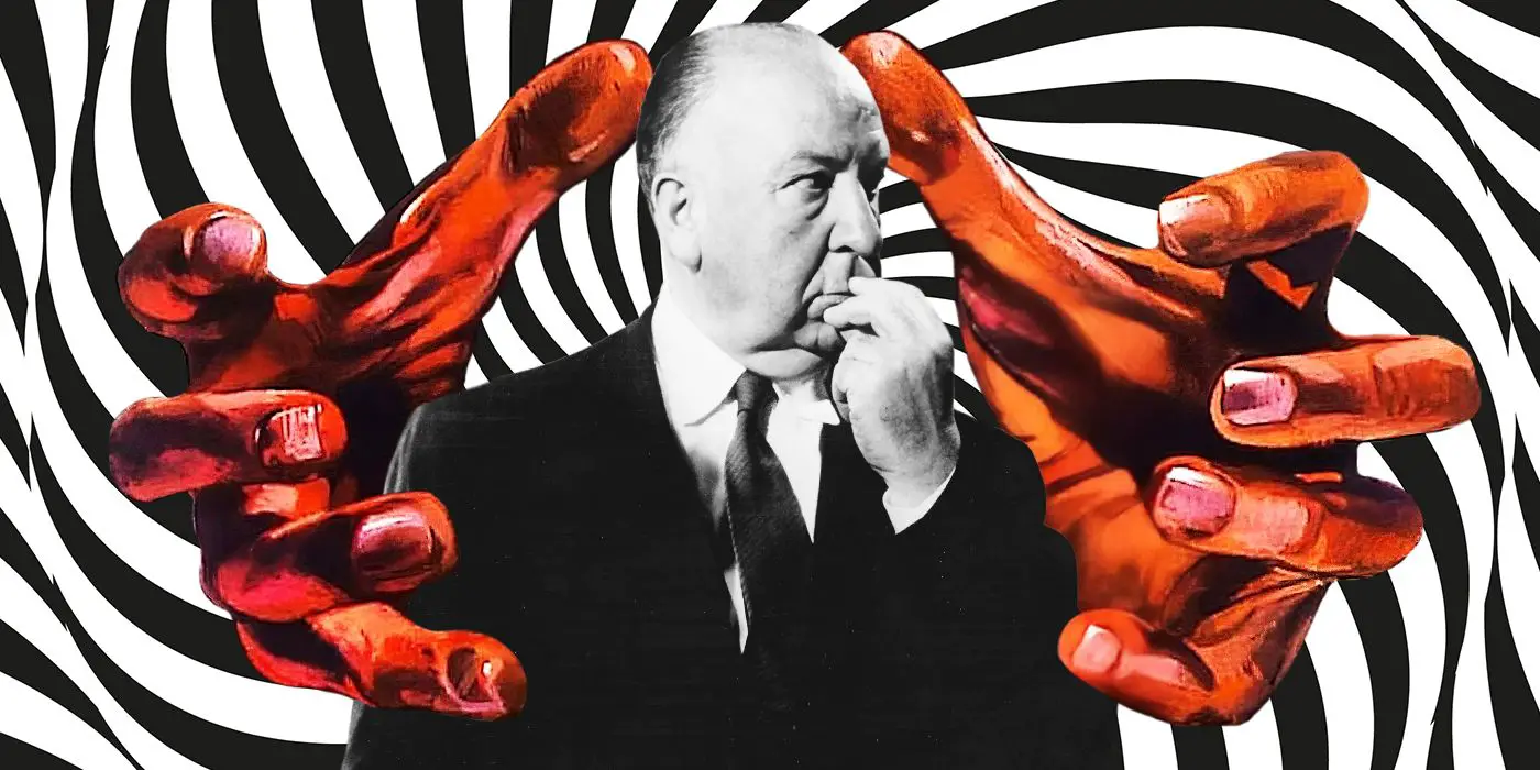 Una imagen personalizada de Alfred Hitchcock con manos gigantes a su alrededor.
