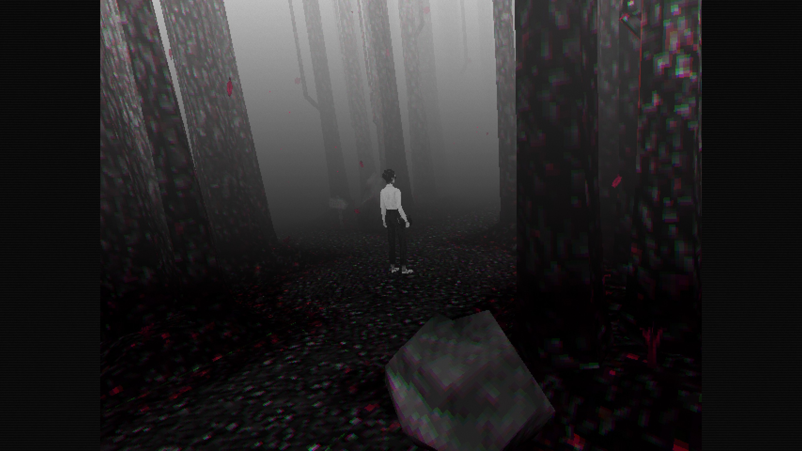 Una mujer estilo PS1 se encuentra en un bosque oscuro.