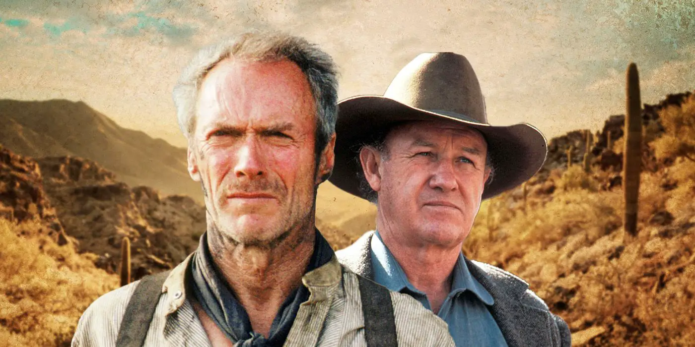 Clint Eastwood y Gene Hackman de Unforgiven, frente a un telón de fondo del desierto occidental