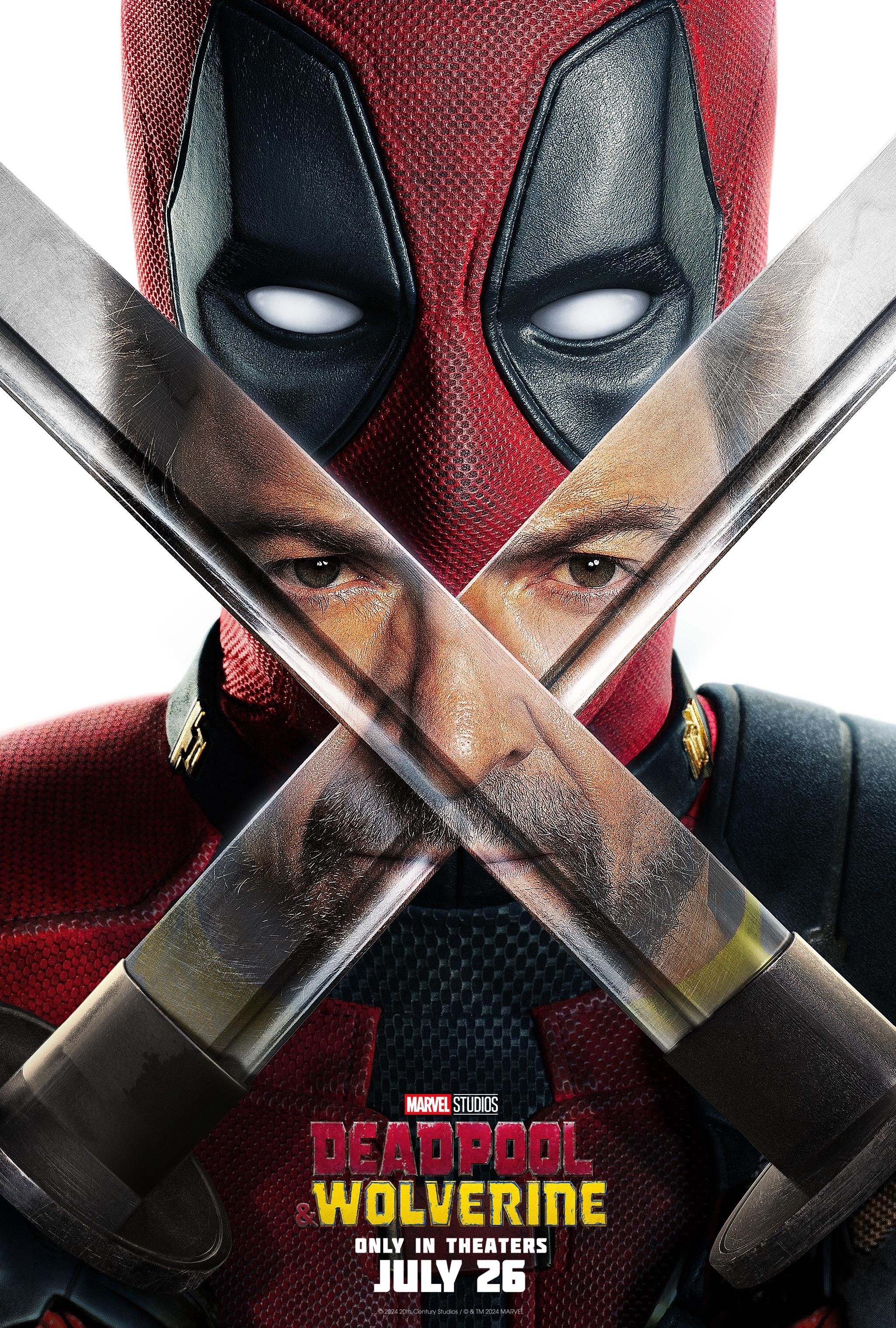 Póster de Deadpool y Wolverine que muestra las espadas de Wade Wilson y el reflejo de Hugh Jackman