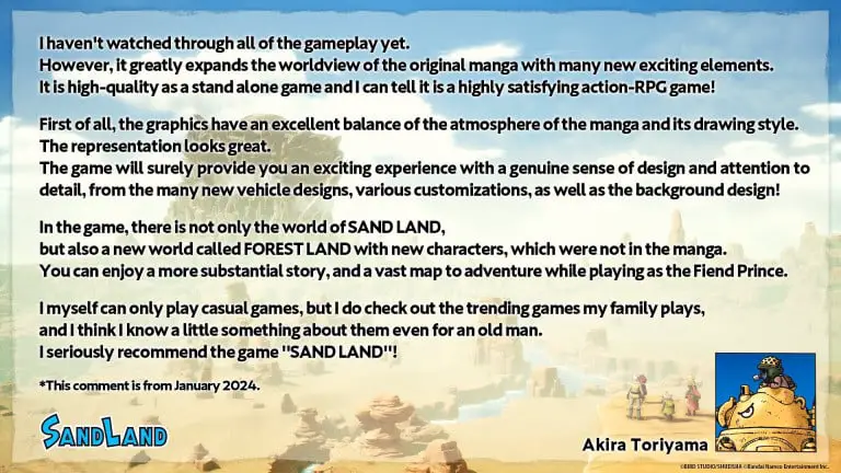 “Definitivamente lo recomiendo” Este es uno de los últimos proyectos de videojuegos de Akira Toriyama.  Dejó una última palabra para los fanáticos de sus obras.