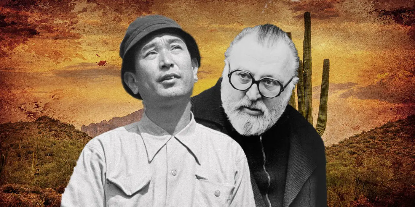 Una imagen personalizada de Sergio Leone y Akira Kurosawa sobre un fondo desértico.