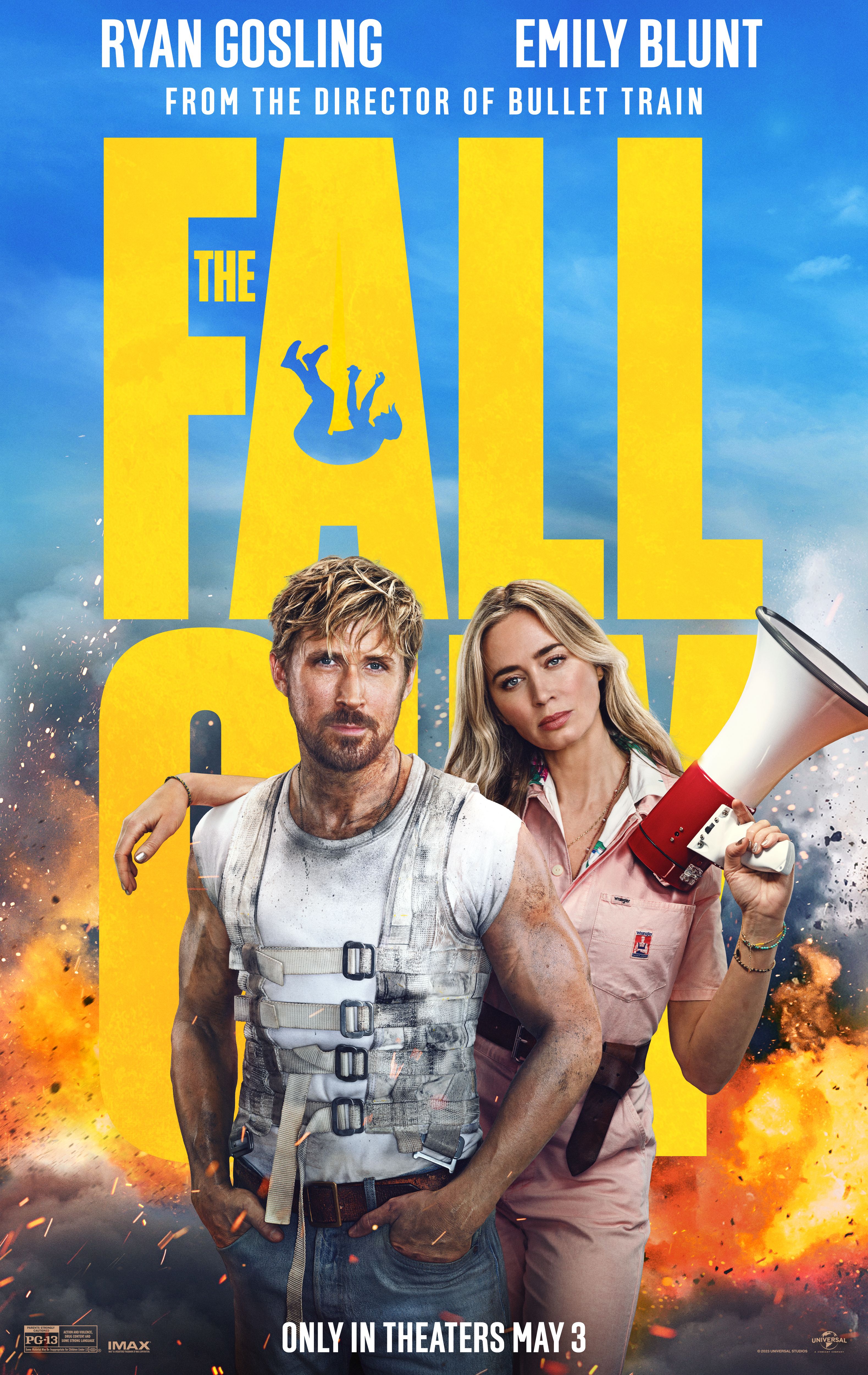 Póster de la película Fall Guy con Emily Blunt sosteniendo un megáfono junto a Ryan Gosling frente a una explosión