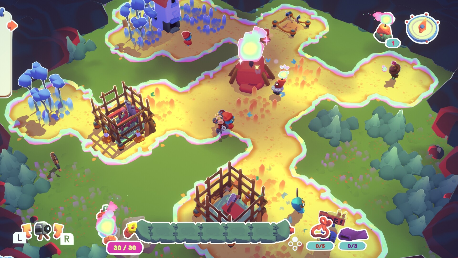 Into the Emberlands: un colorido mundo isométrico donde un jugador explora una aldea rodeada de miasma.