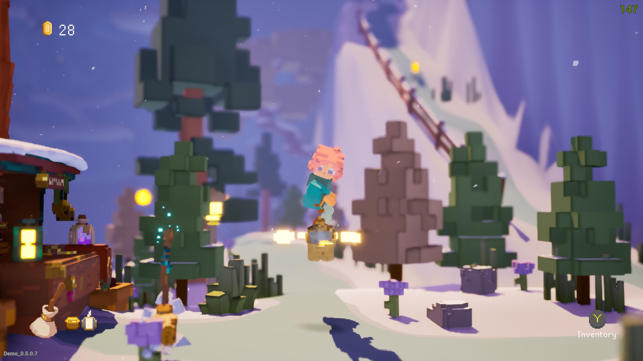 Un mundo de vóxeles en 3D donde una joven bruja patina en una escoba alrededor de una montaña nevada.