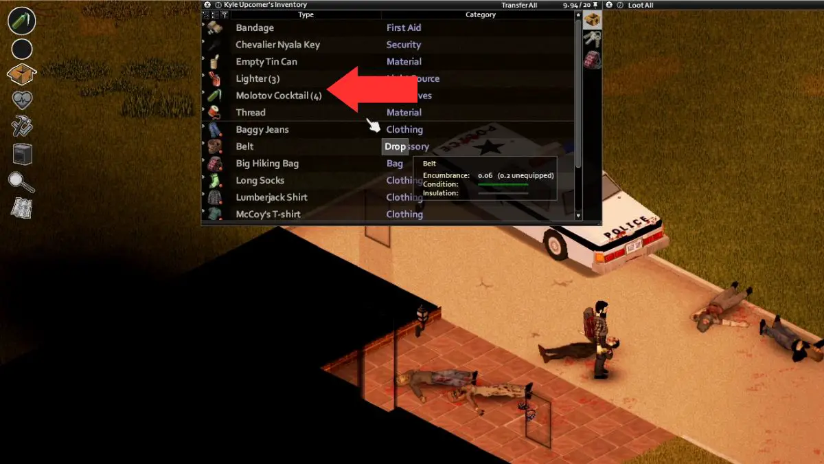Inventario del jugador con una flecha apuntando al encendedor y al molotov.