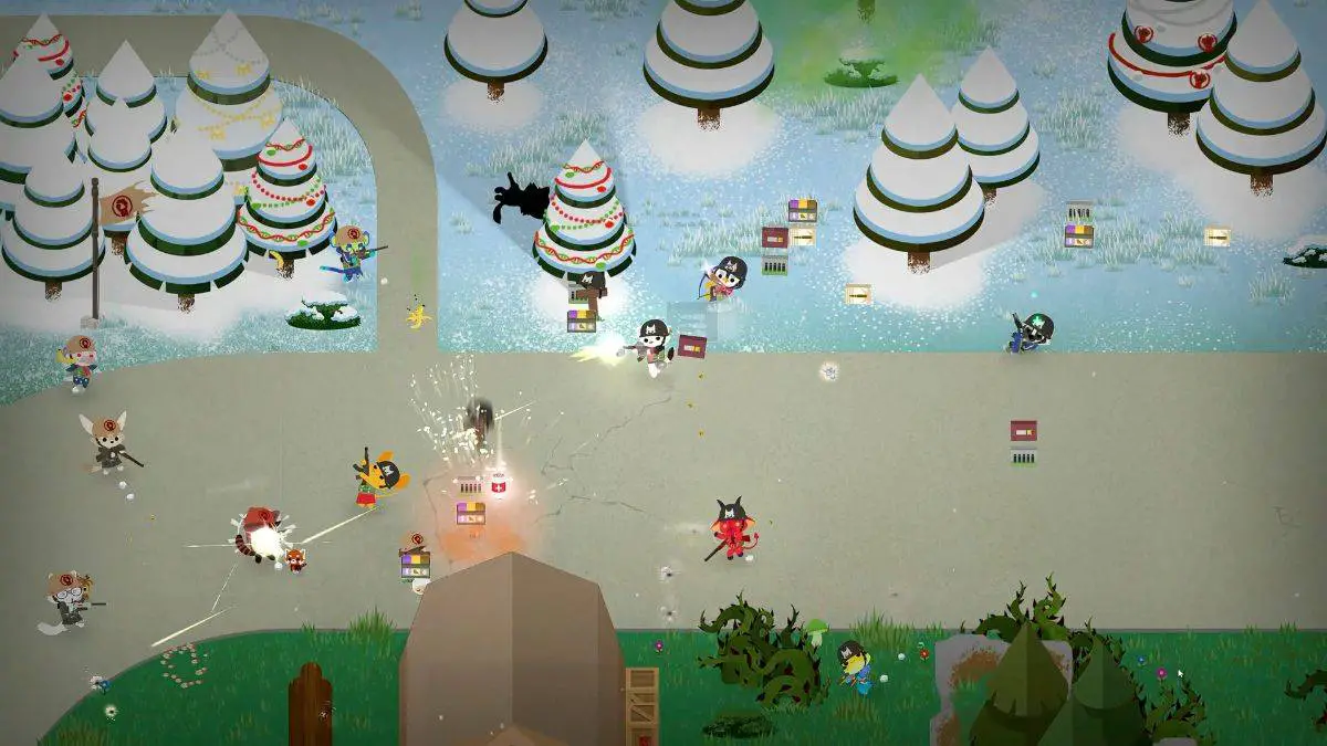 Varios enemigos se enfrentan entre sí con armas en Super Animal Crossing
