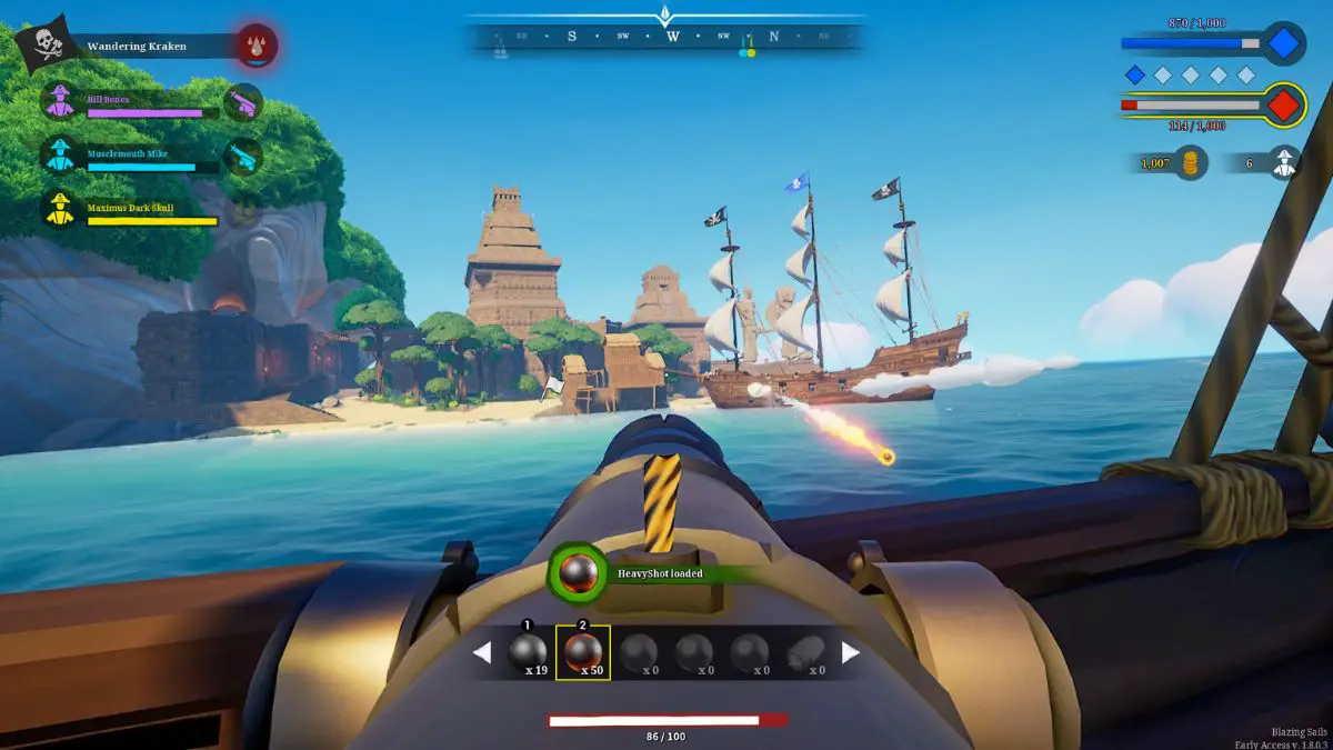 Un jugador dispara un cañón a un barco enemigo mientras recibe disparos de cañón.
