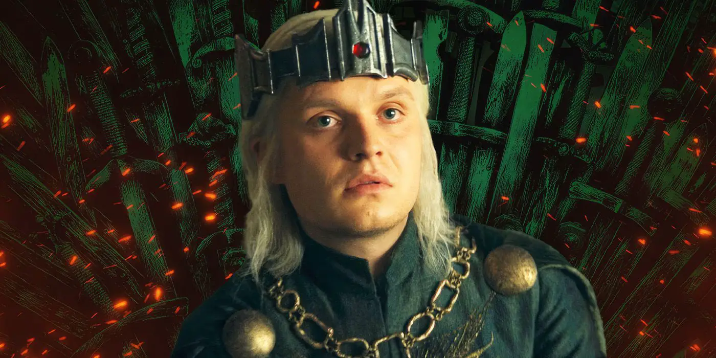 Tom Glynn-Carney como Aegon en el Trono de Hierro con su corona en una imagen personalizada de 'La Casa del Dragón' 