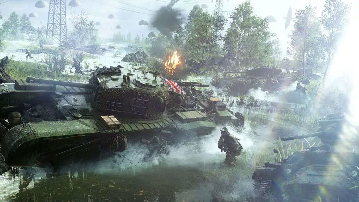 Un tanque está atrapado en el agua con soldados a su alrededor en Battlefield V.