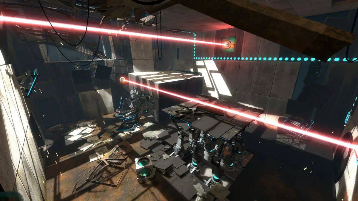 Un rayo láser que es redirigido por portales en Portal 2.